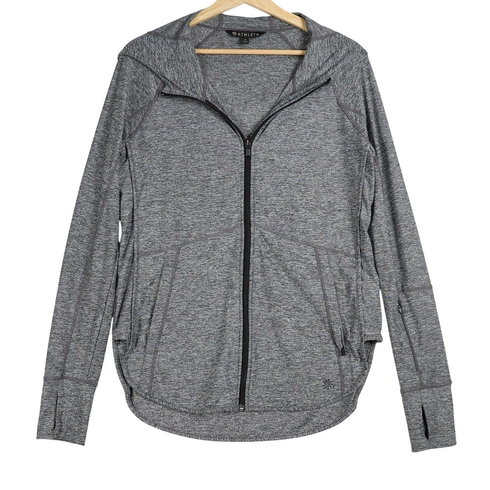 Athleta Womens Gray Space Dye Full Zip Hooded Jacket Thumbholes Size S